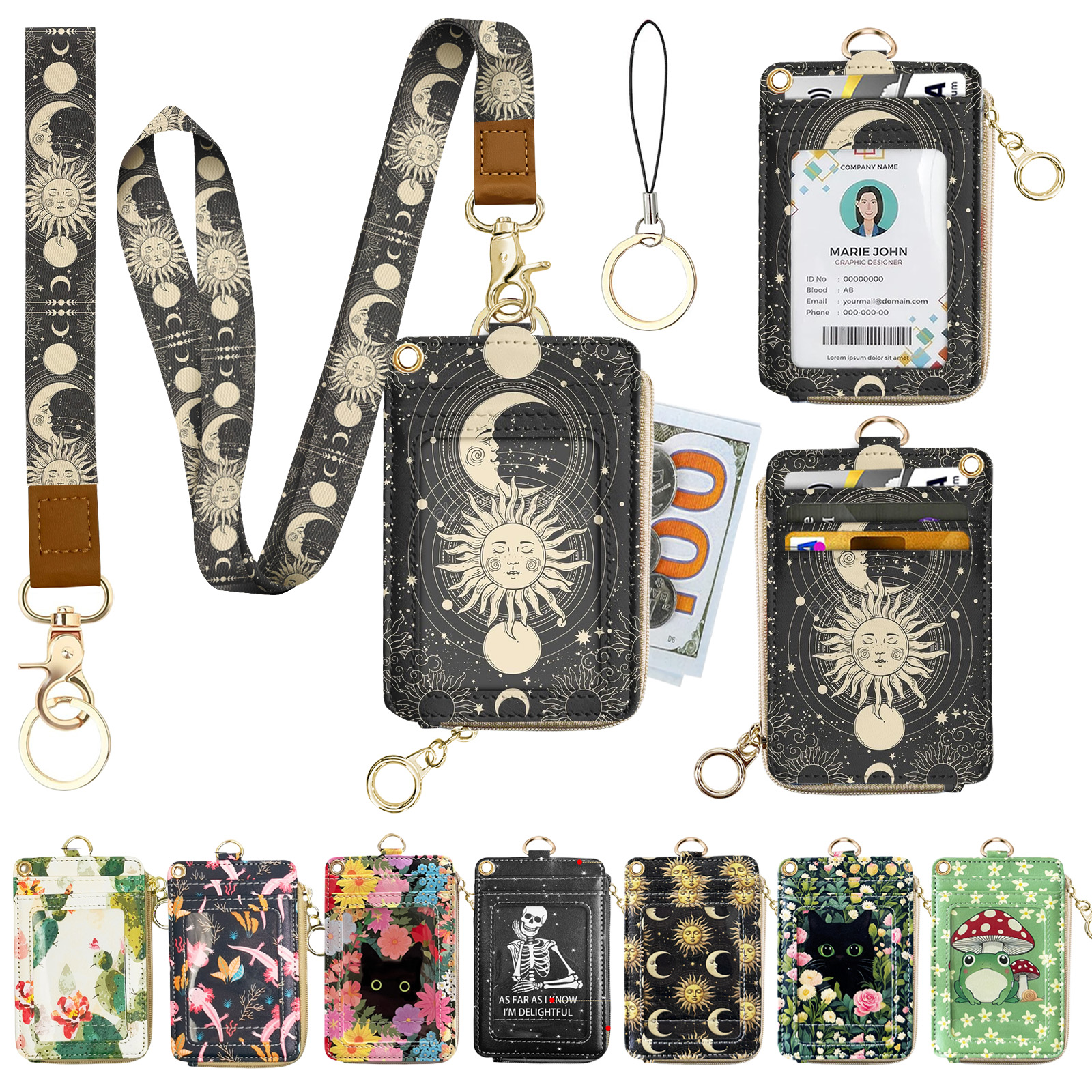thumbnail video image 2 of QRZIQRZ 2in1 ID Card Holder Wallet Badge Holder With Long Lanyard, Short Wristband, Key Ring, Cell Phone Lanyard, Cow Pattern PU Leather Card Case With Zipper, Portable Keychain Coin Purse For Women, 2 of 7