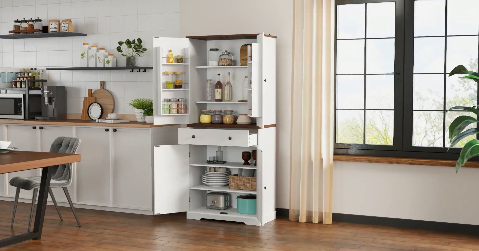 thumbnail video image 2 of 71" Farmhouse Pantry Storage Cabinet with 6 Door Shelves & Drawer, 2 Adjustable Shelves & 4 Barn Doors, Freestanding Cupboard,Off White, 2 of 10