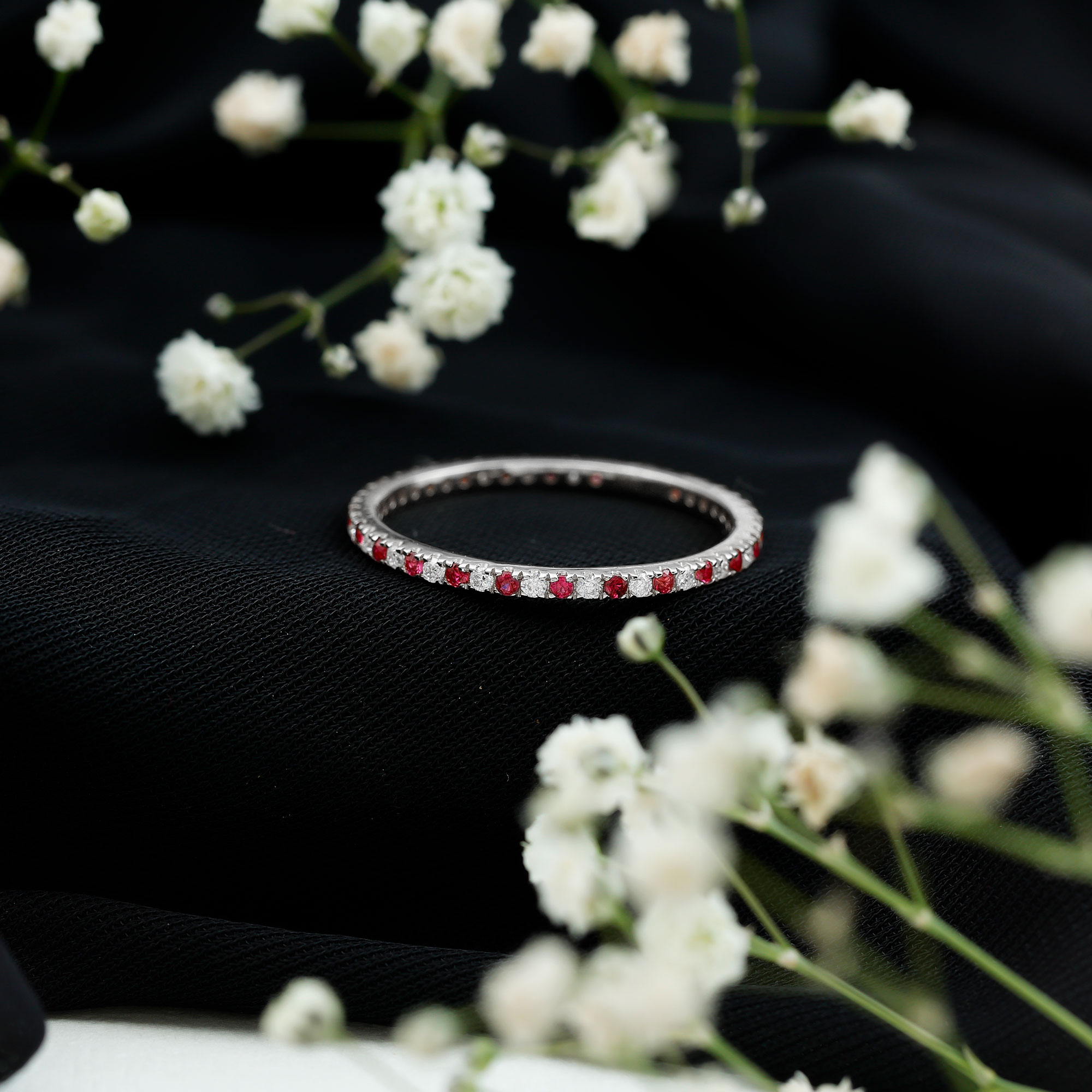 thumbnail video image 2 of Rosec Jewels 1/2 CT Ruby and Moissanite Full Eternity Stackable Band Ring, 925 Sterling Silver, US 4.00, 2 of 7