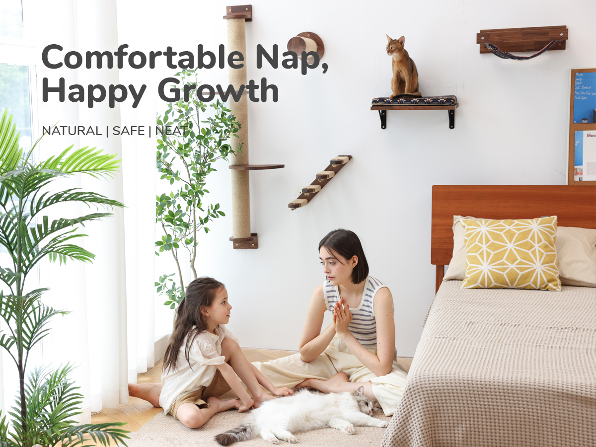 thumbnail video image 2 of FUKUMARU Cat Hammock, 34x13 IN Durable Wall-Mounted Kittens Bed, Walnut, 2 of 8