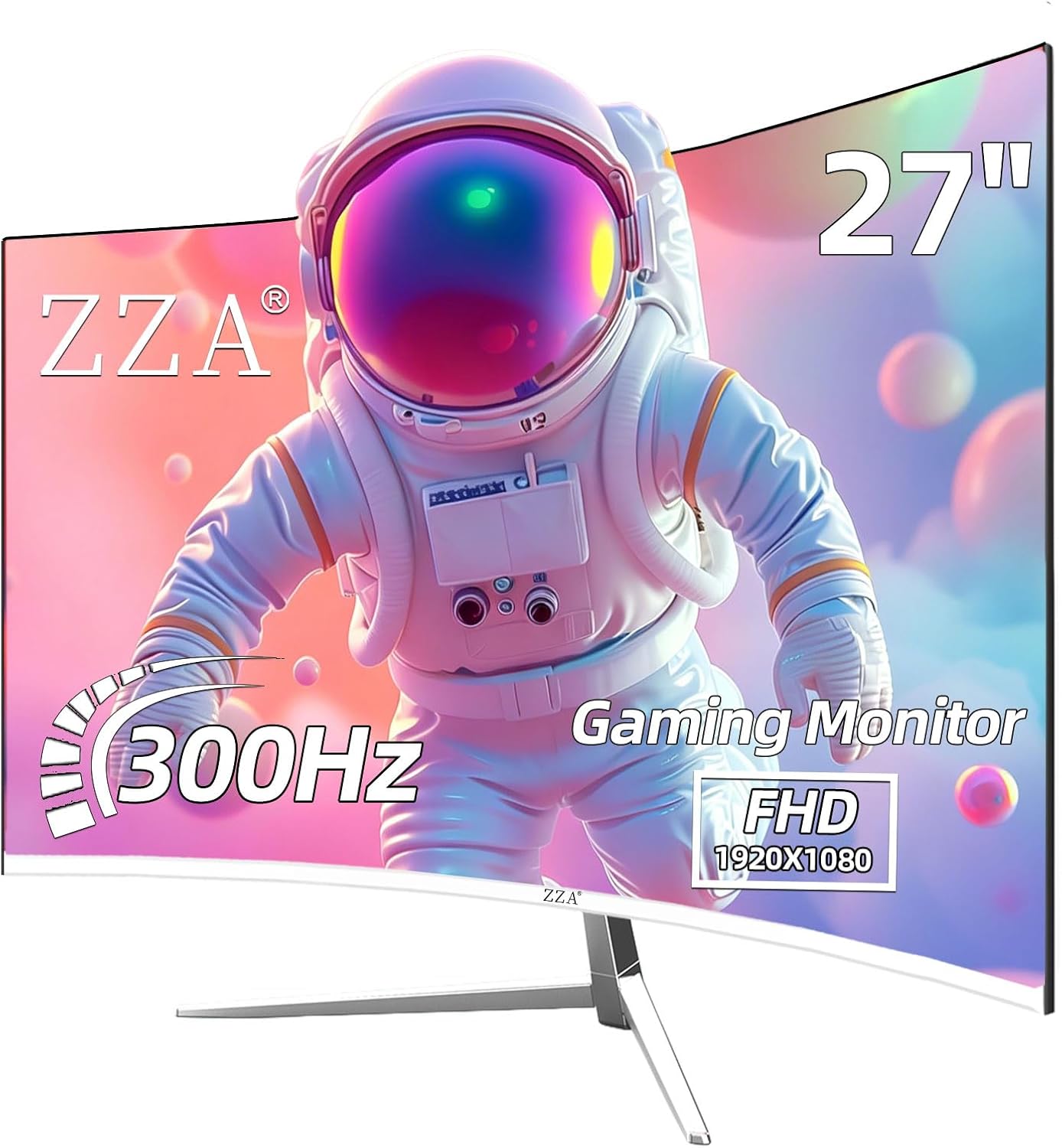 thumbnail video image 2 of ZZA White 27 Inch Curved Gaming Monitor, 300Hz 1ms Full HD 1080P, AMD FreeSync Premium, Eye Care with Flicker-Free, HDMI DisplayPort, VESA Mount, for Home Office Gaming PC Computer, 2 of 9