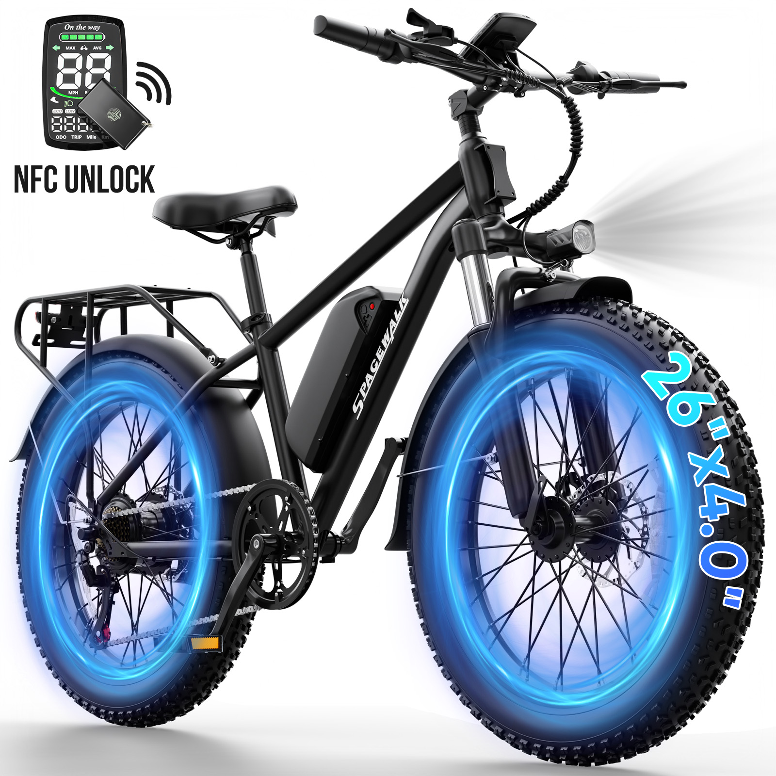 thumbnail video image 2 of Pro 26" 4.0 Fat Tire Electric Bike,750W E-Mountain Bicycle with NFC for Adult, 28MPH 48V 15Ah Removable Battery,7-Speed Ebike UL2849(Blue), 2 of 8
