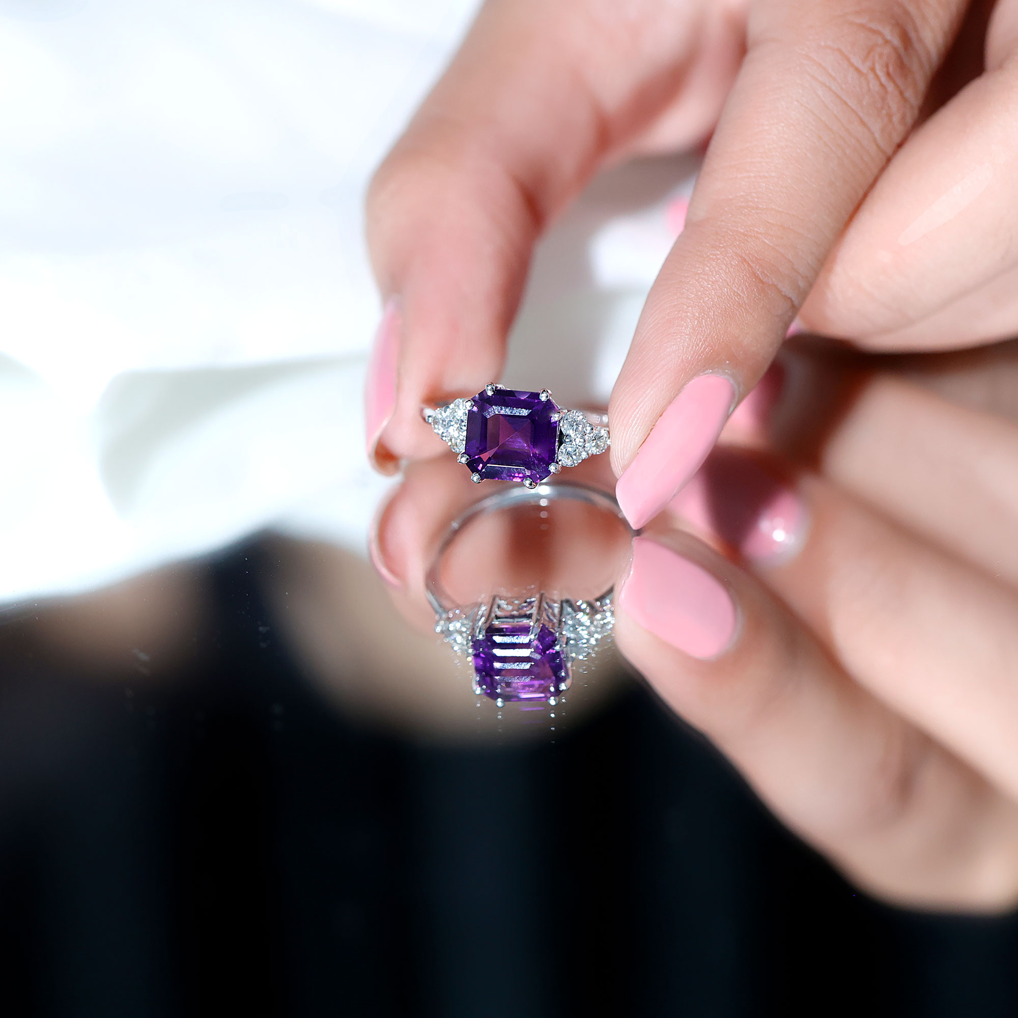 thumbnail video image 2 of Rosec Jewels Real Amethyst Engagement Ring 3 Carat - 8 mm Asscher Cut - AAA Grade - Amethyst and Diamond Ring for Women, 10K Yellow Gold, US 6.00, 2 of 9
