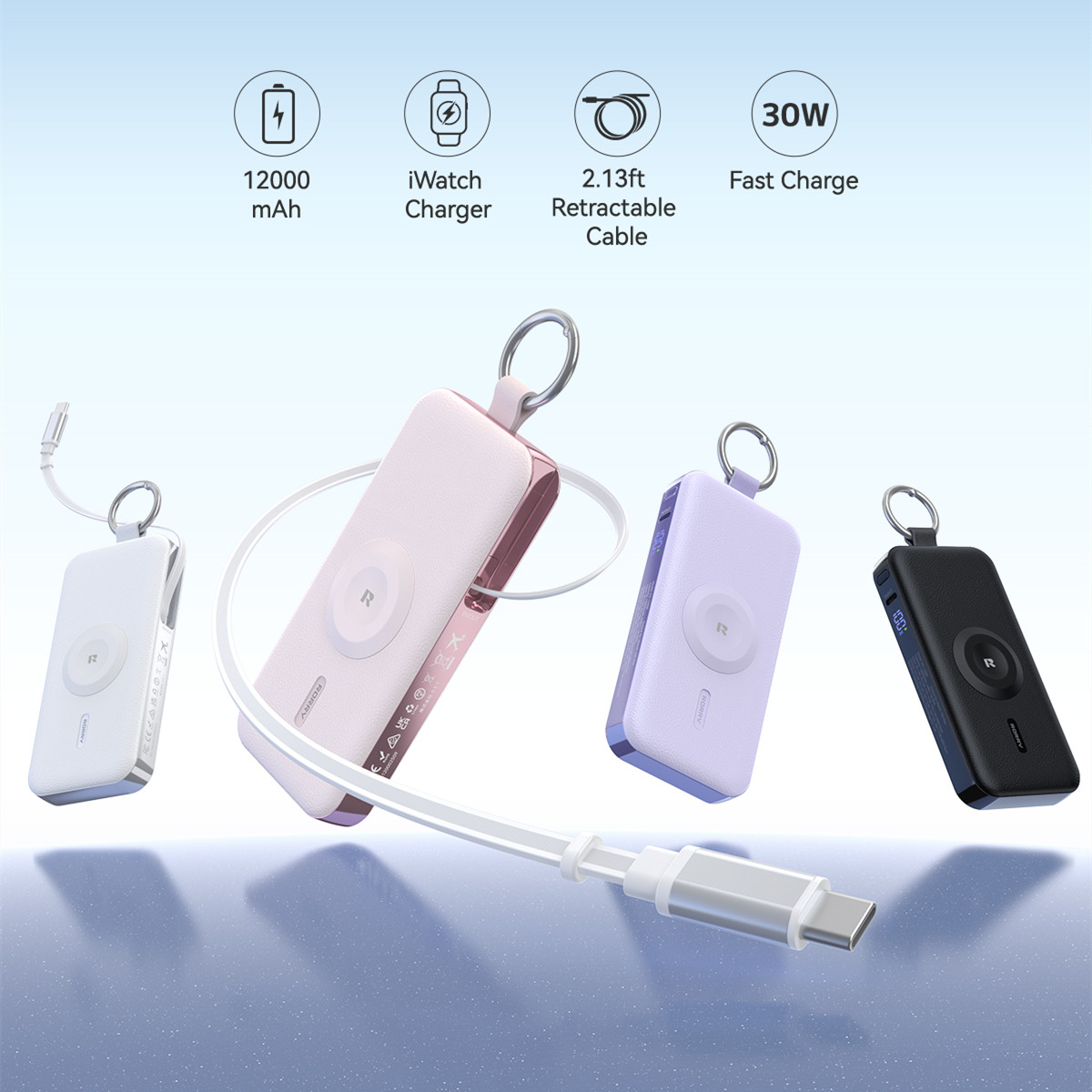 thumbnail video image 2 of RORRY 12000mAh Portable Charger with USB-C Retractable Cable, Apple Watch Charger, 30W Fast Charging Power Bank for iPhone 17/16/15, Samsung Galaxy, Pixel-White, 2 of 8