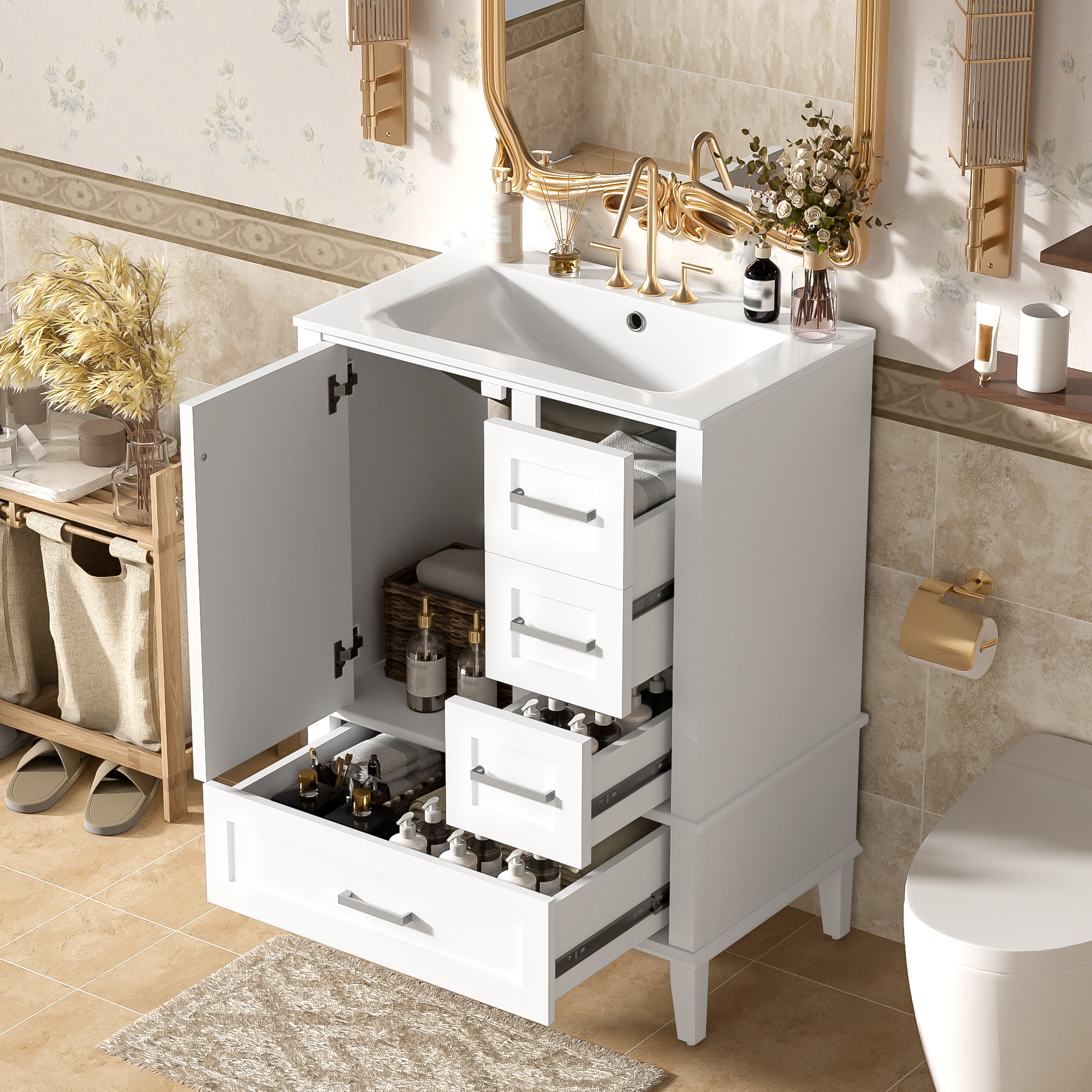 thumbnail video image 2 of Eyisean 24" Bathroom Vanity with Ceramic Sink, Modern Freestanding Single Storage Cabinet with 3 Drawers & Soft-Close Door, Durable Space-Saving Wooden Vanity Cabinet for Bathroom, Easy Assembly, 2 of 20