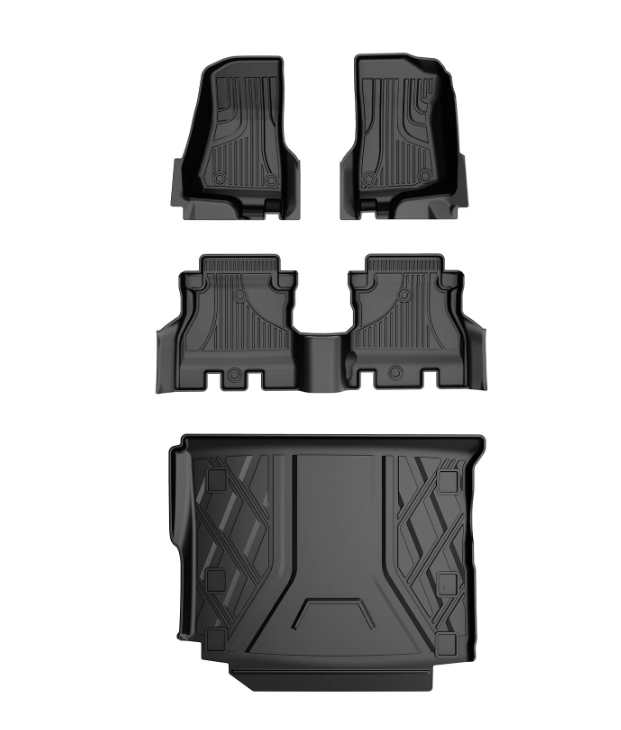 thumbnail video image 2 of Floor Mats & Cargo Liner Fit for Jeep Wrangler JL 2018-2024 4 Door Sahara Rubicon with Subwoofer (Non JK or 4XE) All-Weather Wrangler Floor Liner for 1st, 2nd Row and Trunk Full Set Car Floor Liners, 2 of 9