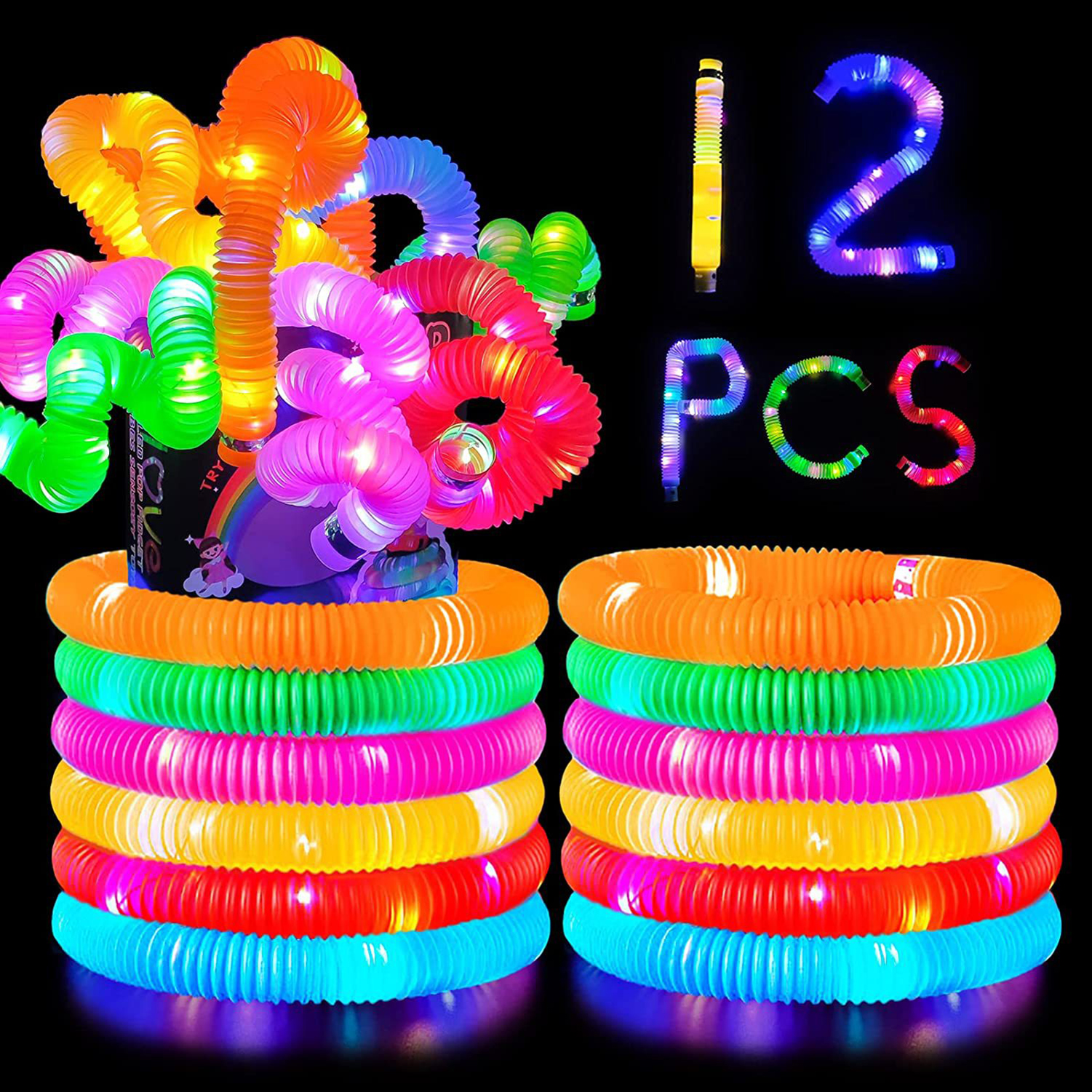 thumbnail video image 2 of Byseng Glow Sticks Pop Tubes Necklaces Bracelets Light Up 12 Pack, 2 of 9